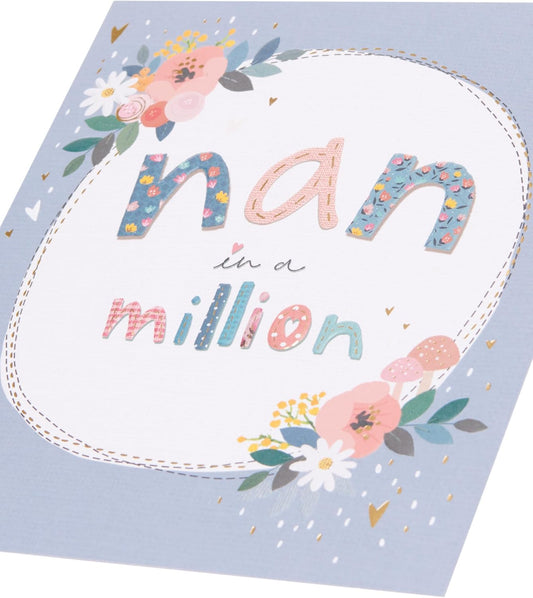 UK Greetings birthday card for Nan with heartfelt love, warm wishes, and a decorative heart design in soft pastel colors.