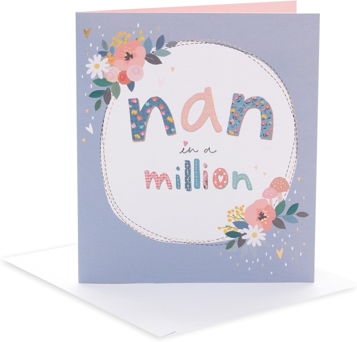 Birthday card for Nan with heartfelt love and warm wishes, featuring colorful heart illustrations and cheerful design.