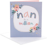 Birthday card for Nan with heartfelt love and warm wishes, featuring colorful heart illustrations and cheerful design.