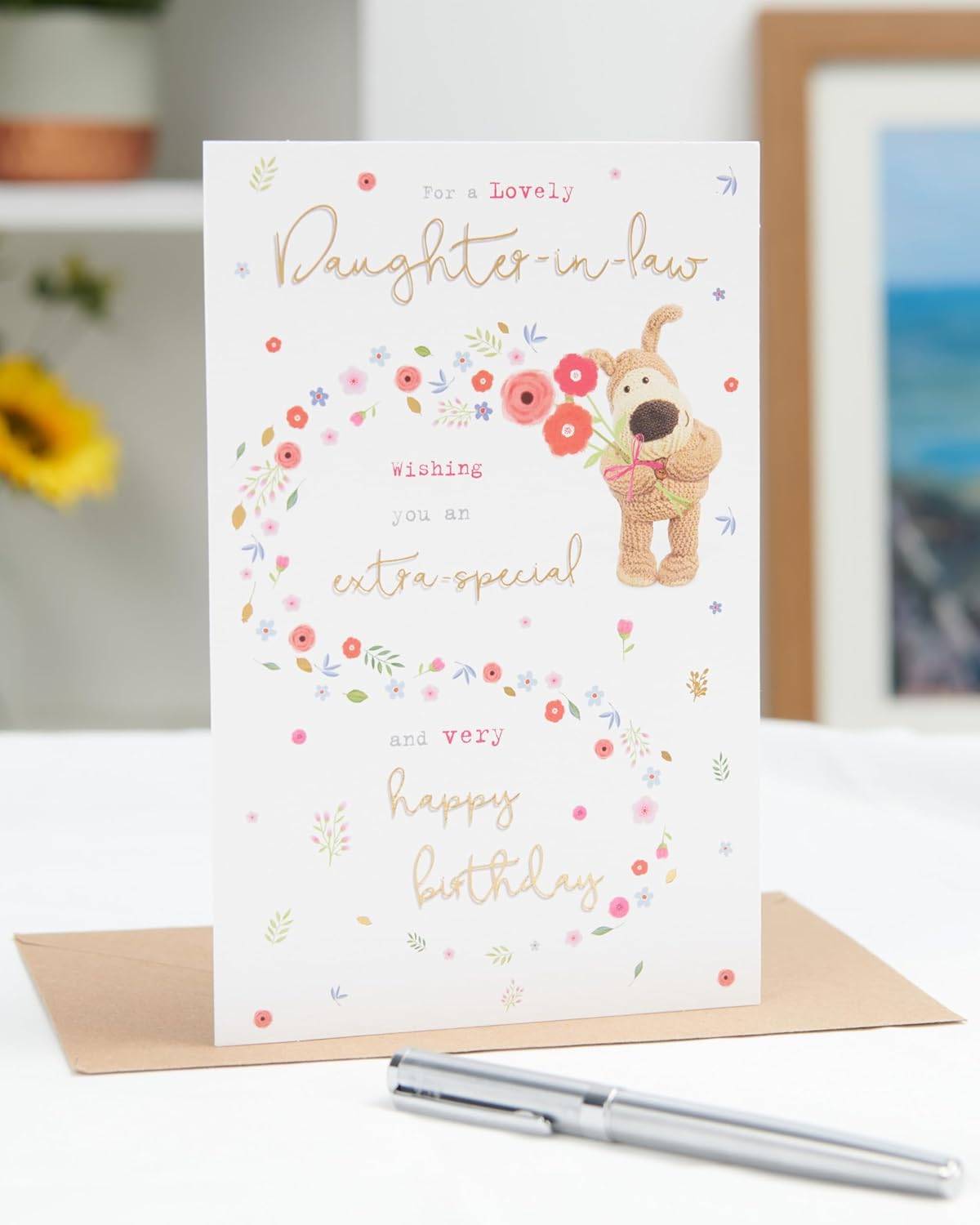 Cute Boofle birthday card for daughter-in-law with colorful, adorable design from UK Greetings, featuring cheerful illustrations.