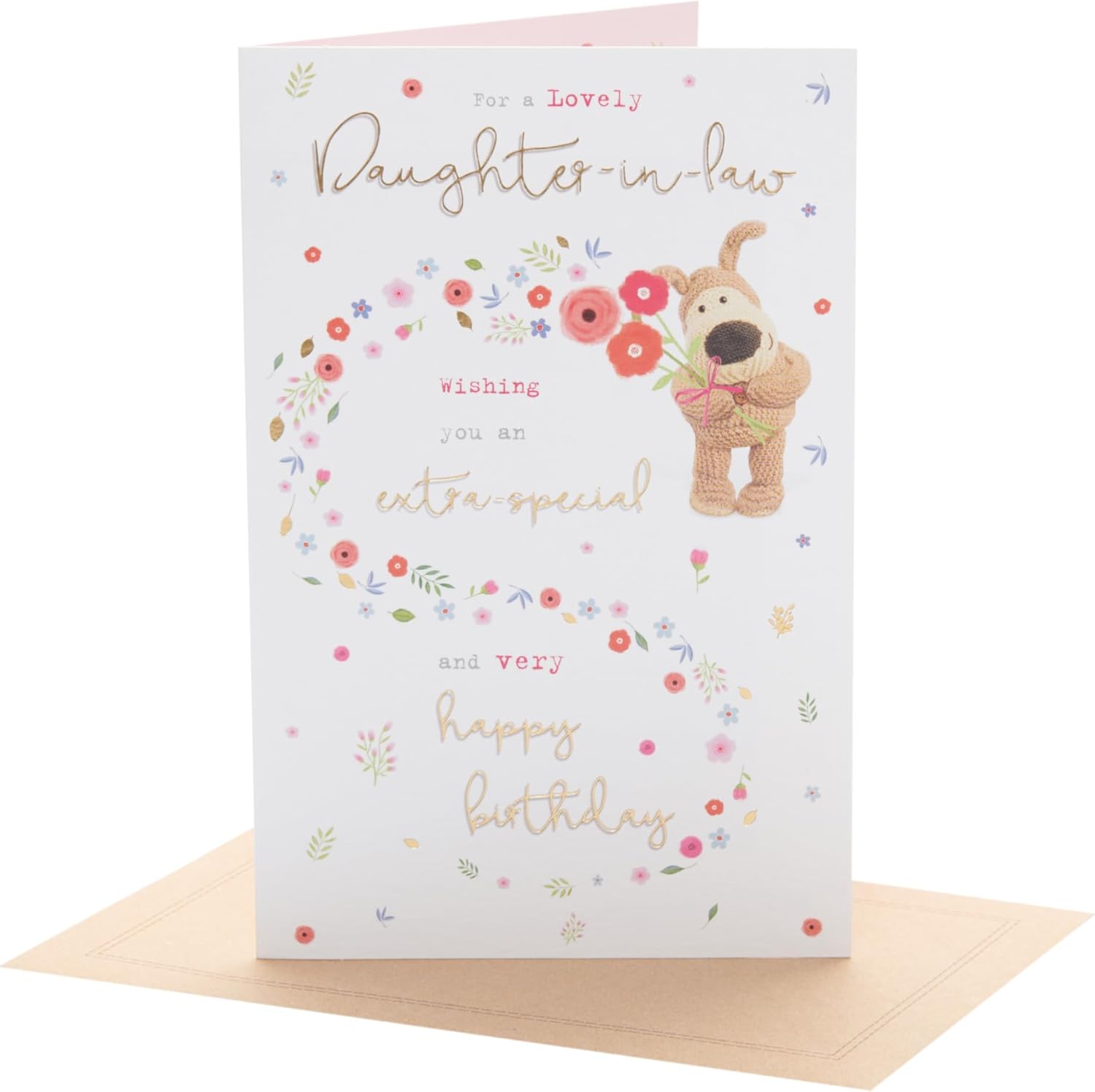 Cute Boofle birthday card for daughter-in-law by UK Greetings featuring adorable floral and dog illustrations.