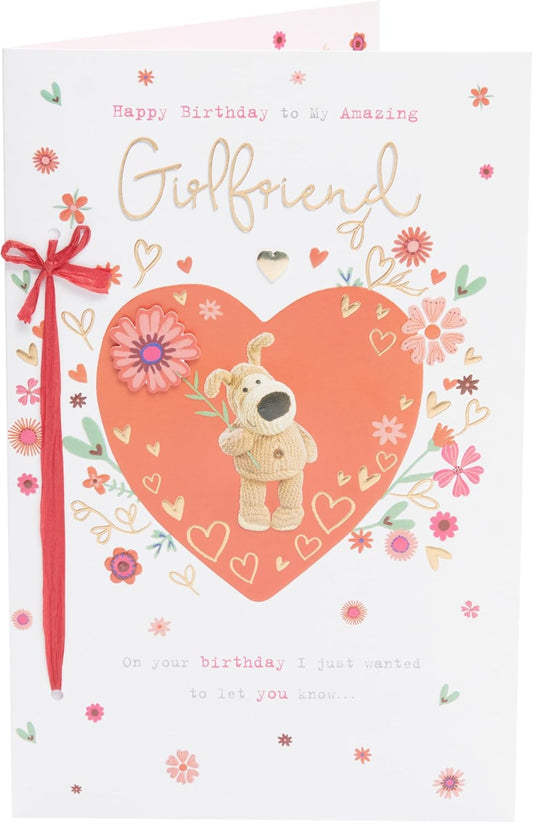 Cute Boofle birthday card for girlfriend with colorful, adorable design from UK Greetings, featuring cheerful illustrations and heartfelt message.