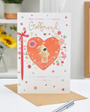 Cute Boofle birthday card for girlfriend with colorful floral design, featuring a cheerful cartoon dog illustration.