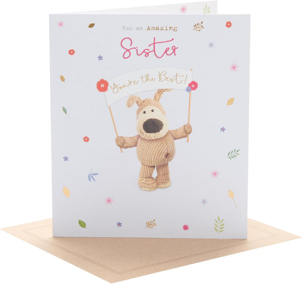 Cute Boofle birthday card for sister featuring adorable design, from UK Greetings, with colorful illustrations and cheerful message.