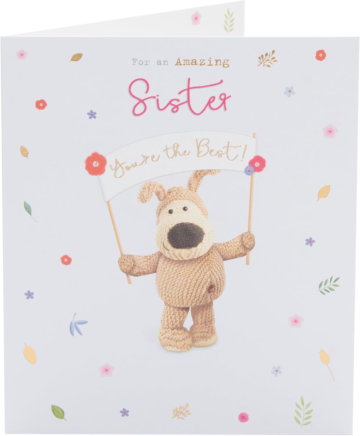 Cute Boofle birthday card for sister with colorful floral and animal design, perfect for celebrating special occasions.
