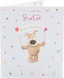 Cute Boofle birthday card for sister with colorful floral and animal design, perfect for celebrating special occasions.