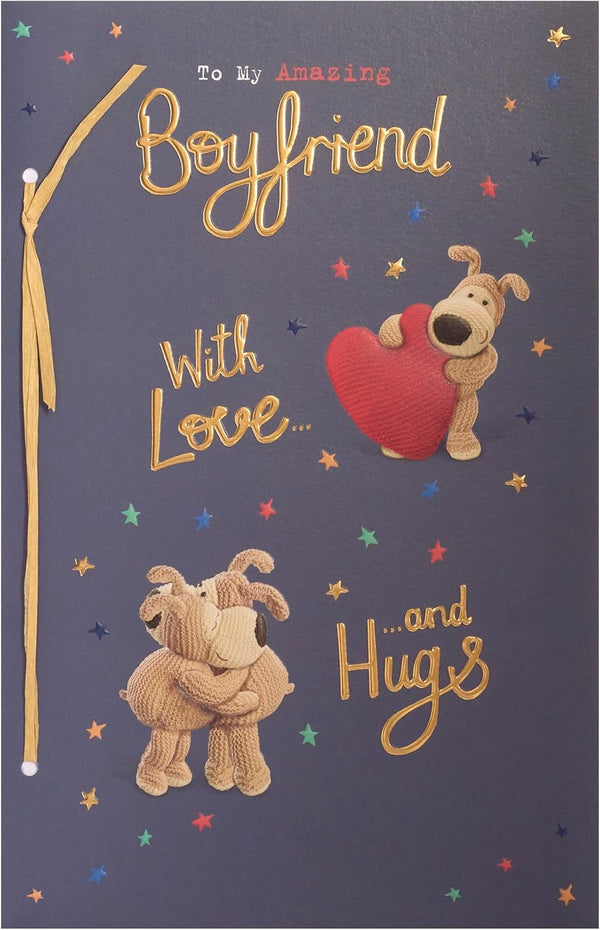 Boofle Boyfriend birthday card from UK Greetings, featuring cute cartoon dog illustration with festive design and cheerful message.
