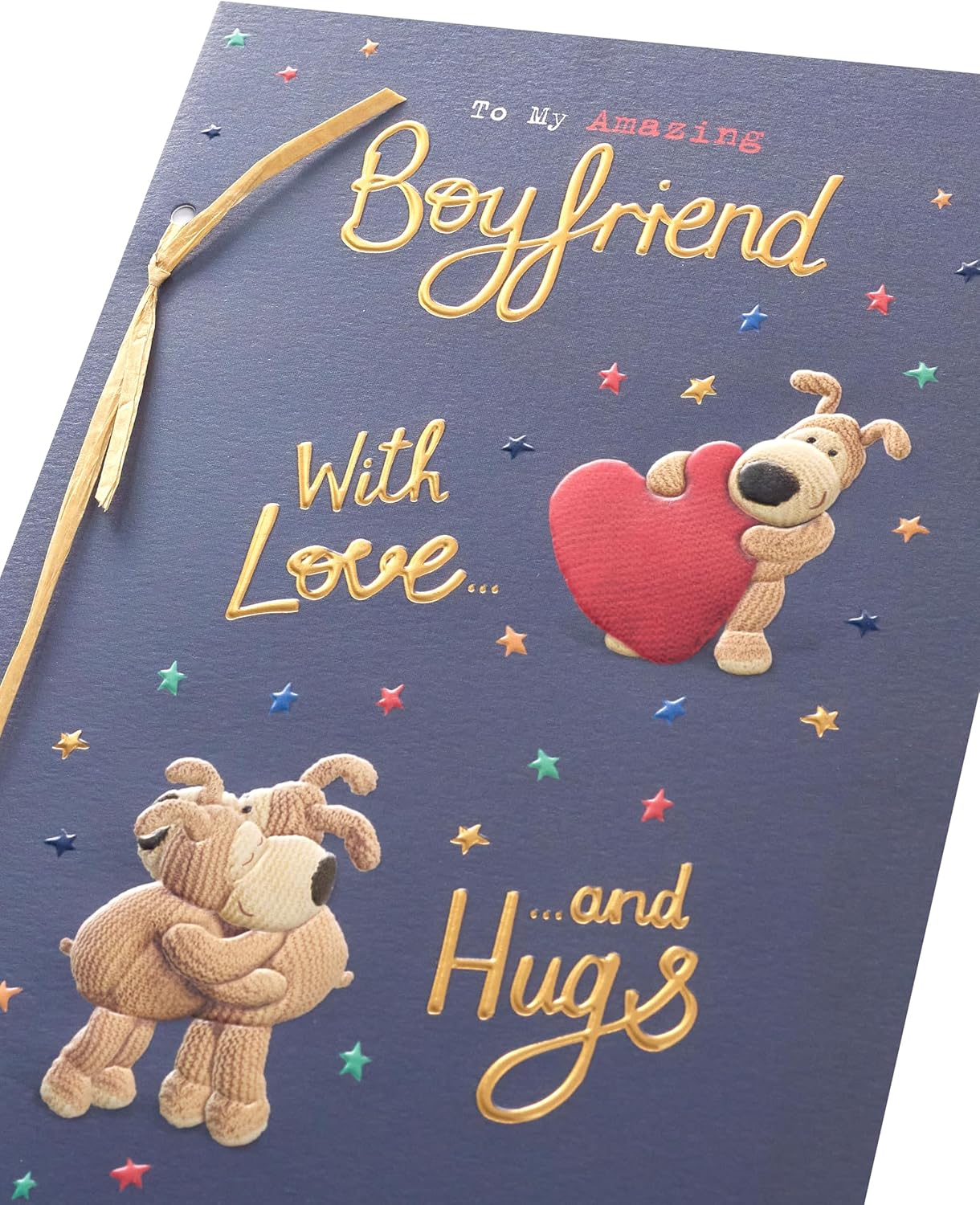 Boofle Boyfriend birthday card featuring a cute illustrated dog holding a gift, from UK Greetings.
