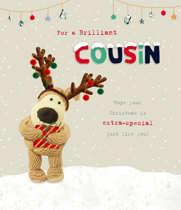 Cute Boofle Brilliant Cousin reindeer Christmas greeting card by UK Greetings featuring adorable holiday design.