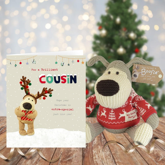 Cute Boofle Brilliant Cousin reindeer Christmas greeting card by UK Greetings featuring adorable festive design and holiday message.