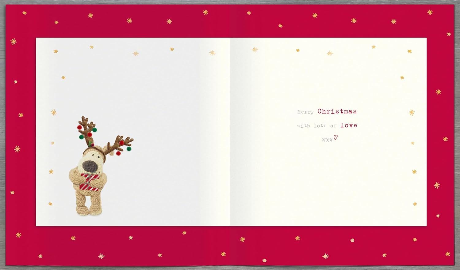 Cute Boofle reindeer Christmas greeting card by UK Greetings featuring adorable holiday design and festive holiday message.