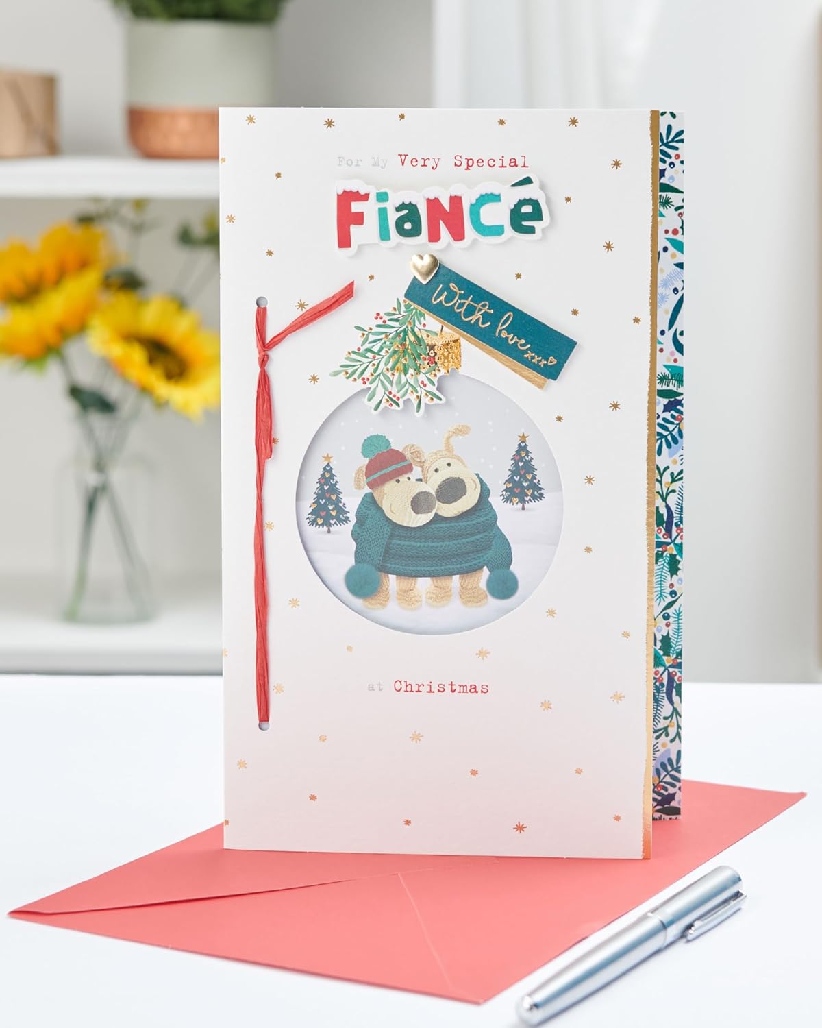 Cute Boofle Christmas card for fiancée with festive design, featuring adorable illustration and holiday greeting from UK Greetings.