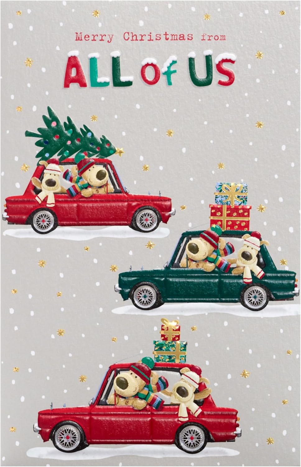 Boofle Christmas Card featuring Merry Christmas From All of Us design, with festive holiday illustrations and cheerful holiday message.