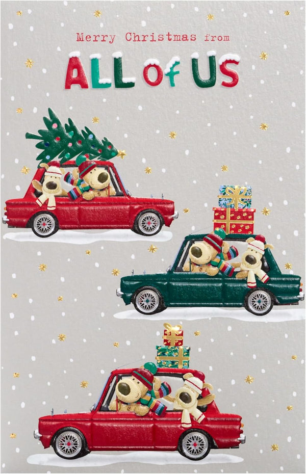 Boofle Christmas Card featuring Merry Christmas From All of Us design, with festive holiday illustrations and cheerful holiday message.