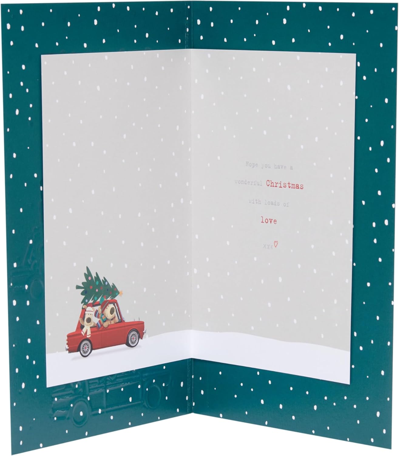 Boofle Christmas card from UK Greetings featuring a festive "Merry Christmas From All of Us" design with holiday-themed artwork.