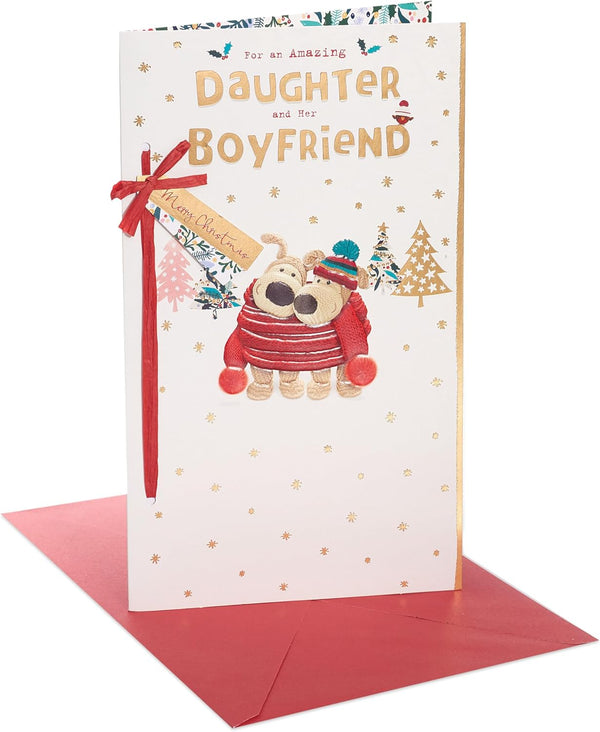 Cuddly Boofle Christmas greeting card featuring daughter and her boyfriend with festive embellishments, from UK Greetings.