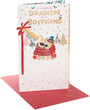 Cuddly Boofle Christmas greeting card featuring daughter and her boyfriend with festive embellishments, from UK Greetings.