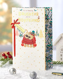 Cute Boofle Christmas greeting card from UK Greetings featuring a cuddly daughter and her boyfriend with festive embellishments.