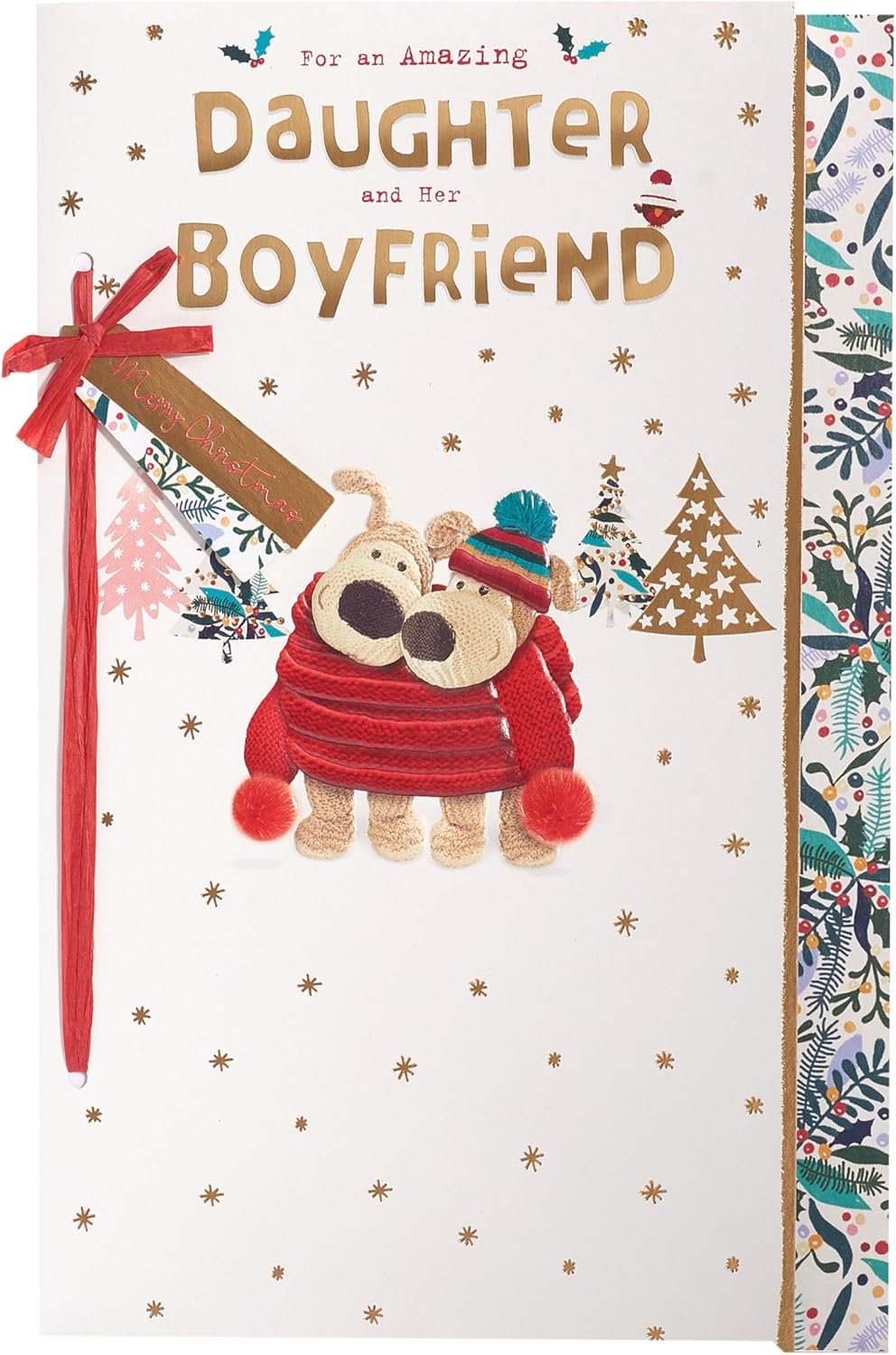 Cute Christmas greeting card featuring Boofle with daughter and her boyfriend, embellished and cuddly, by UK Greetings.