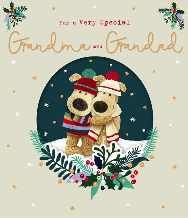 Boofle Grandma & Grandad Christmas card from UK Greetings featuring a festive illustration with a joyful hugging design.
