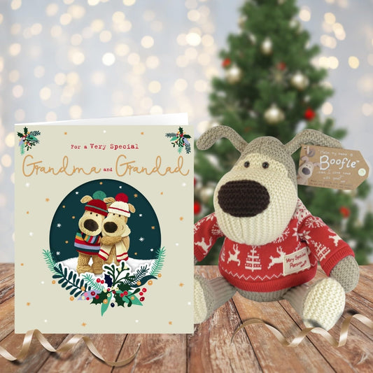 Boofle Grandma & Grandad Christmas card featuring a cute illustrated dog with a festive background by UK Greetings.