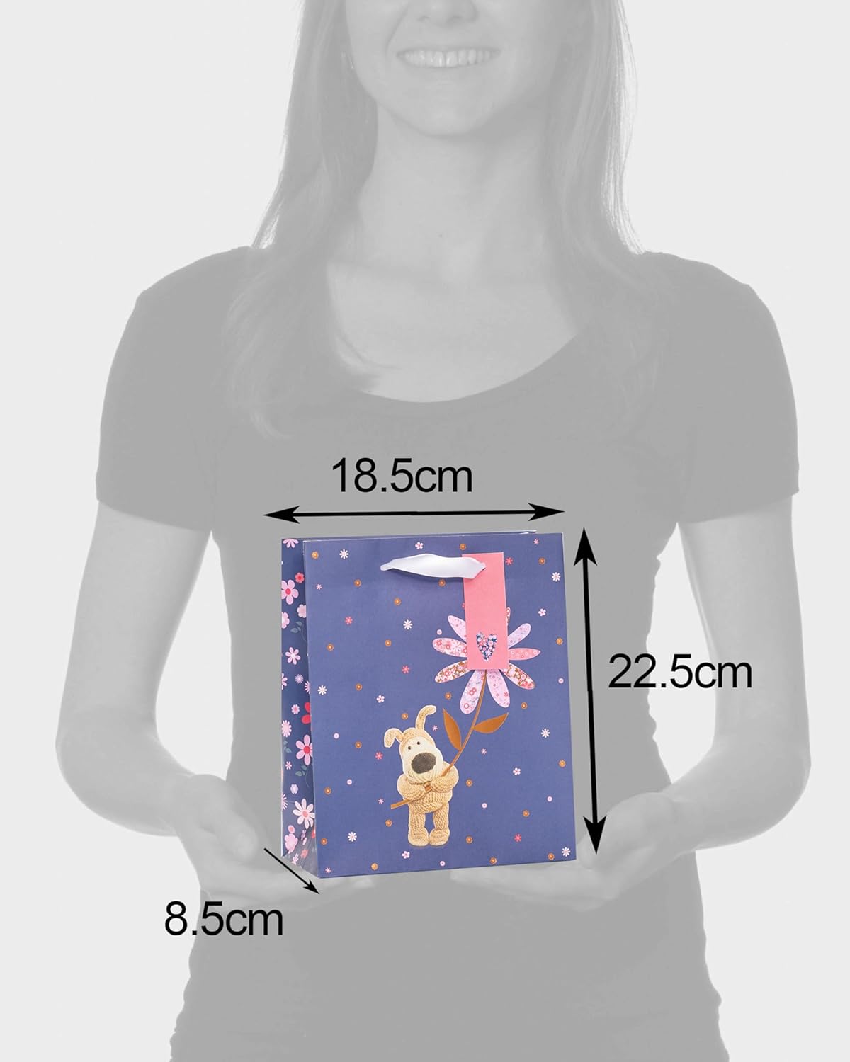 Medium Boofle gift bag from UK Greetings showing a cute, versatile gift packaging design with colorful floral patterns.