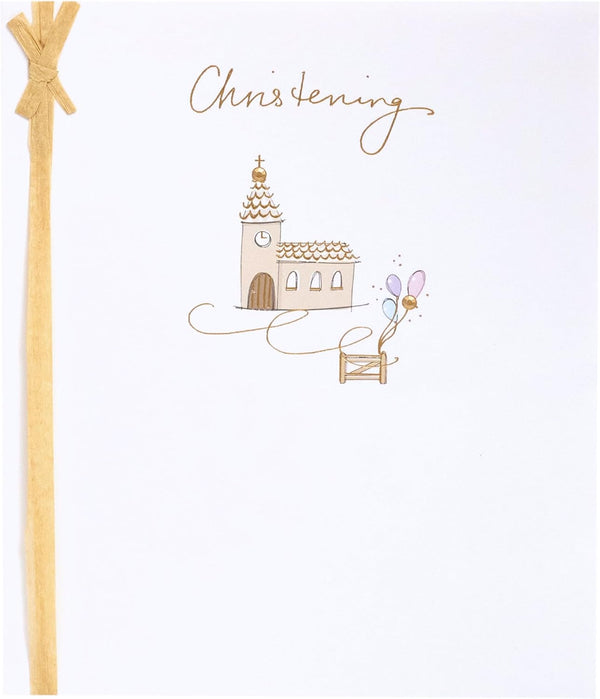 Christening card by UK Greetings featuring a heartfelt design with a baby-themed illustration and elegant script for a special occasion