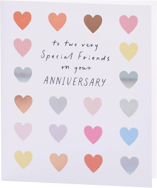 Colorful hearts design anniversary card for friends, featuring bright, loving greeting from UK Greetings.