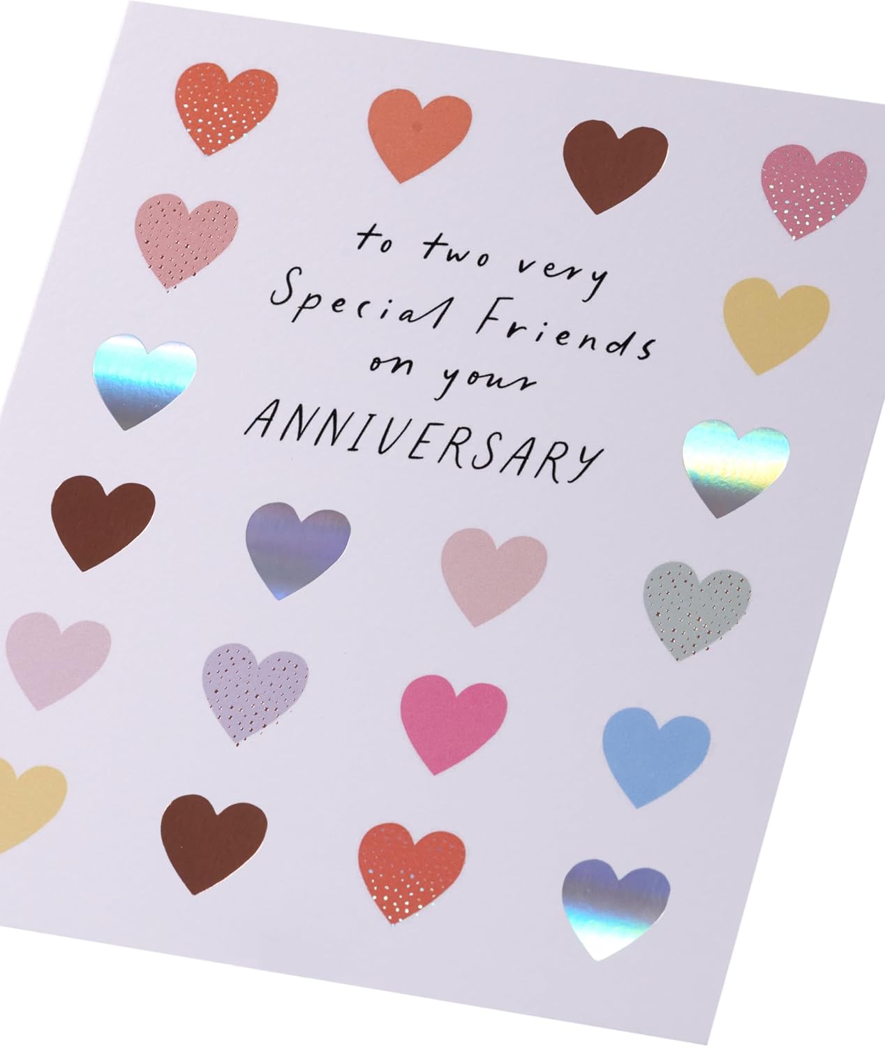 Colorful hearts design anniversary card for friends, featuring bright, loving greeting and cheerful artwork by UK Greetings.