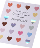 Colorful hearts design anniversary card for friends, featuring bright, loving greeting and cheerful artwork by UK Greetings.
