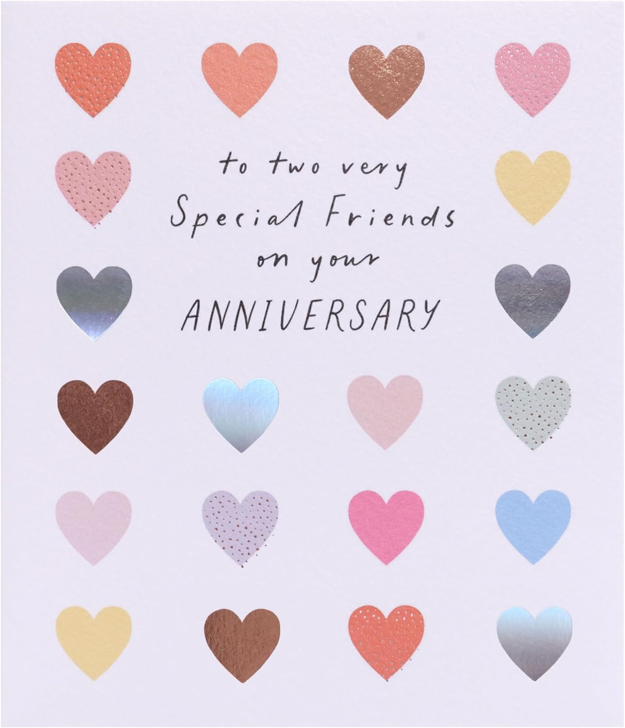 Colorful hearts design anniversary card for friends, featuring bright, loving greeting from UK Greetings.