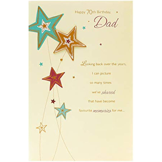 Sentimental 3D foil Dad 70th birthday card by UK Greetings with heartfelt design and embossed details.