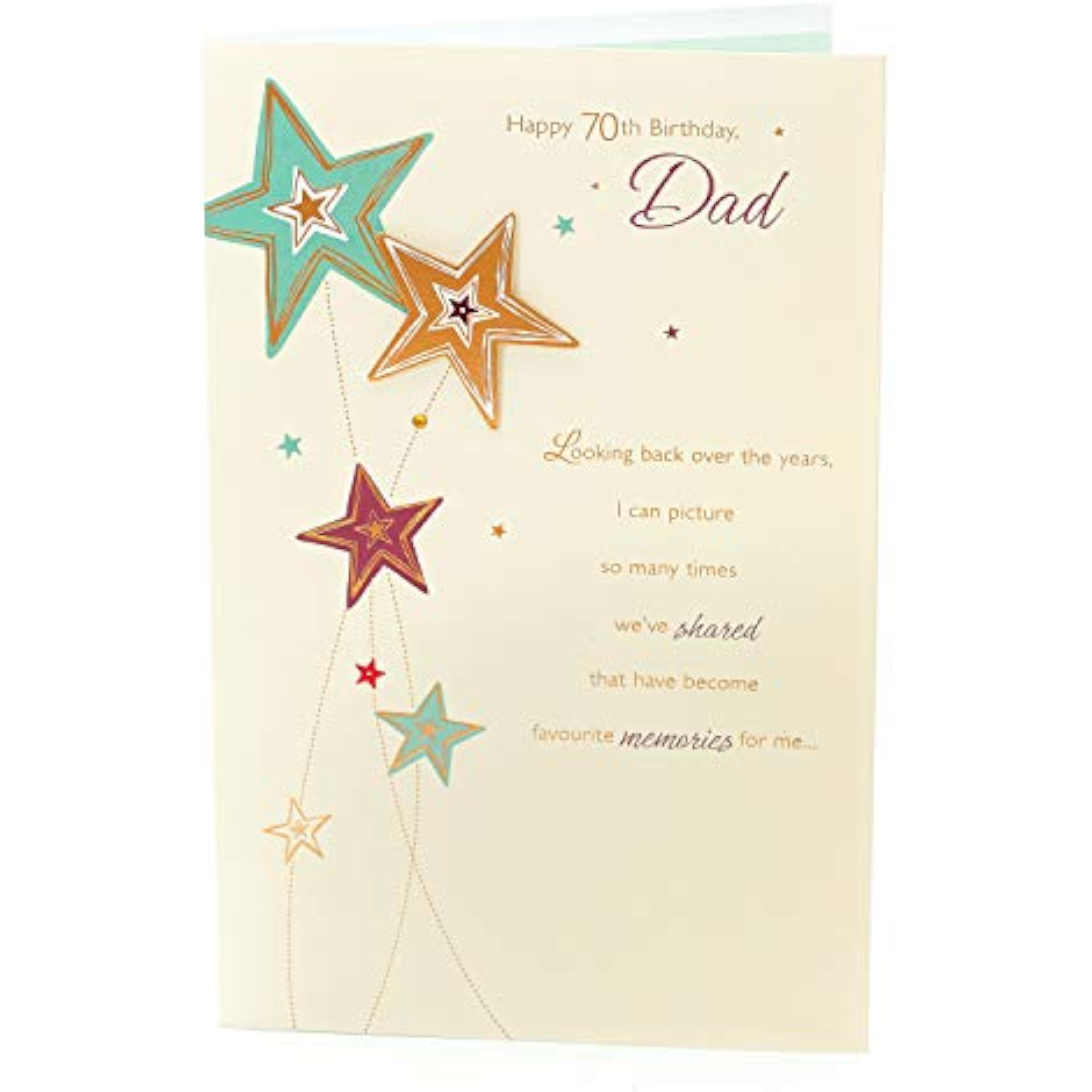 Sentimental 70th birthday card for dad featuring 3D foil design, from UK Greetings, with a heartfelt message and decorative elements.