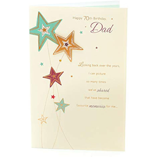 Sentimental 70th birthday card for dad featuring 3D foil design, from UK Greetings, with a heartfelt message and decorative elements.