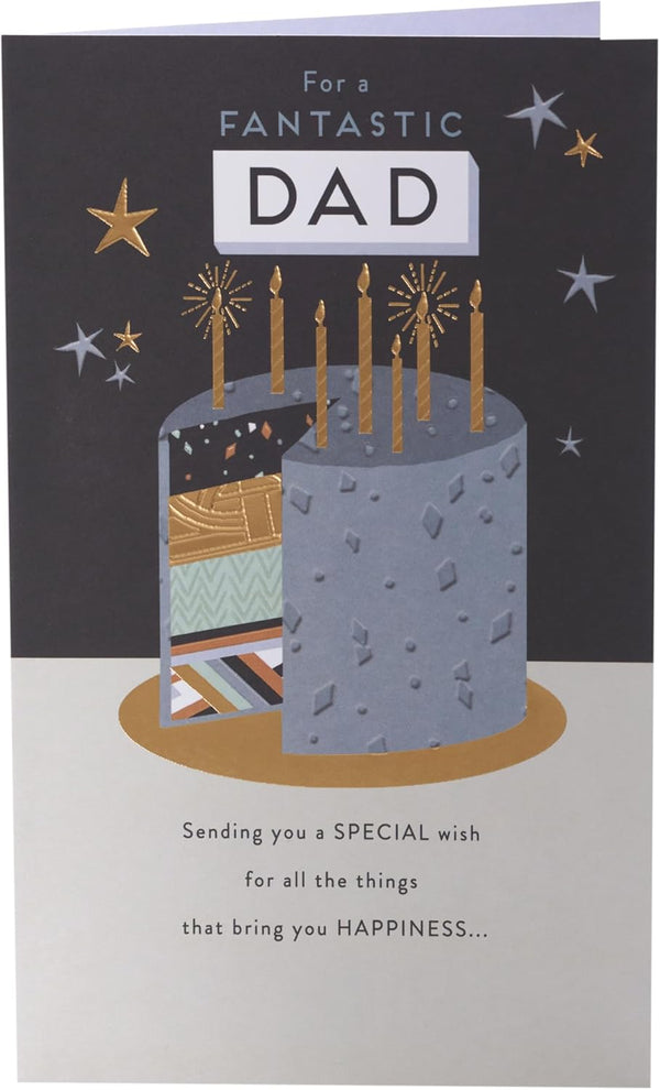 Gold foil birthday card with cake design for dad, luxury greeting card from UK Greetings, featuring elegant gold accents.