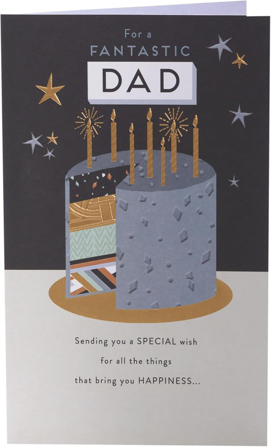 Gold foil birthday card with cake design for dad, luxury greeting card from UK Greetings, featuring elegant gold accents.