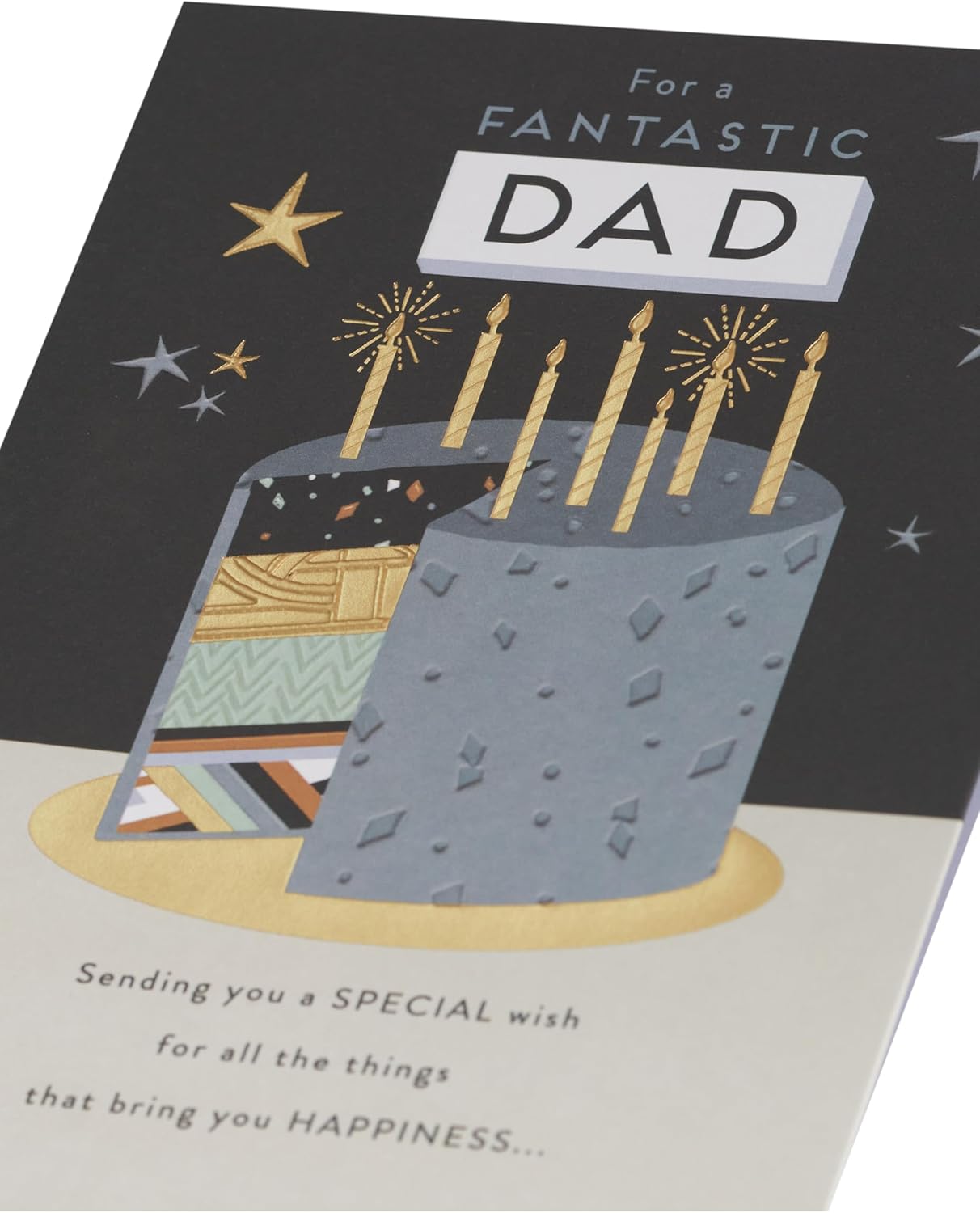 Gold foil cake birthday card for dad by UK Greetings, featuring a luxurious design perfect for celebrating fathers.