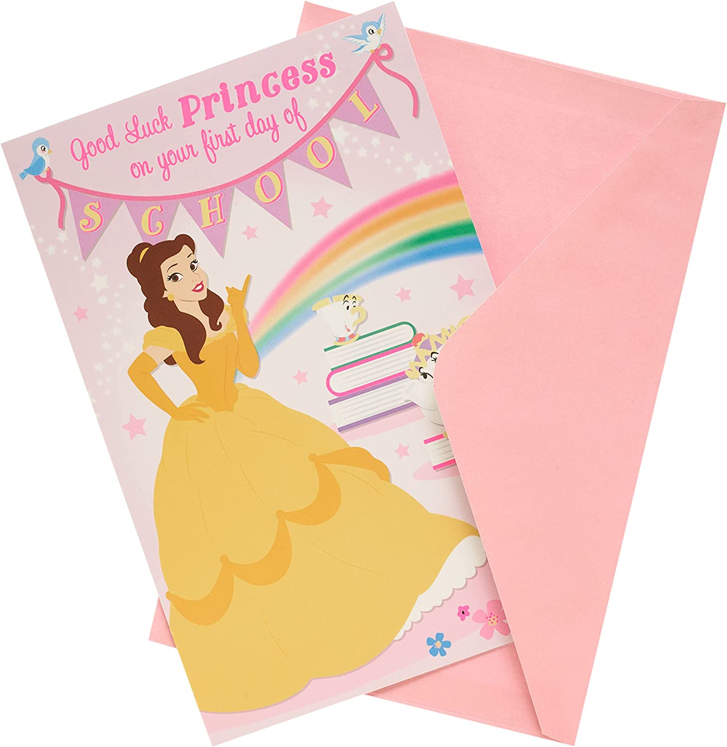 Disney Cinderella First Day of School Good Luck card by UK Greetings featuring Cinderella and school-themed design.