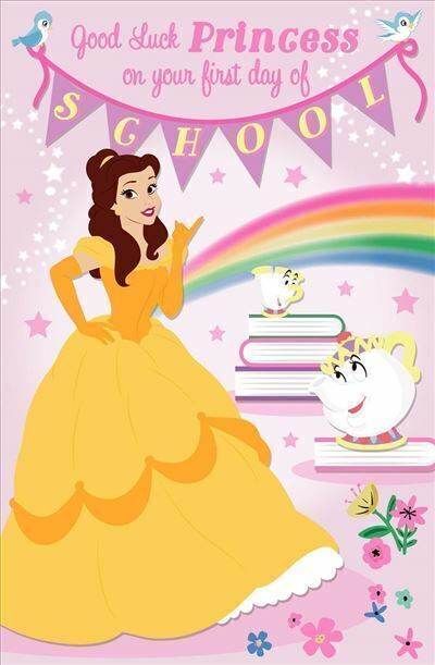 Disney Cinderella First Day of School Good Luck card by UK Greetings featuring Cinderella illustration and colorful design.