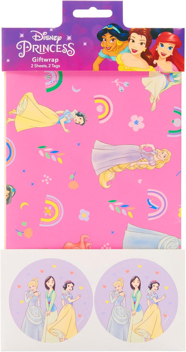 Disney Princess pink and purple sheets with matching tags, featuring vibrant princess characters, perfect for children's bedding.