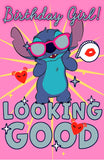 Disney Stitch birthday greetings card for girls featuring a luxury Stitch design with foil accents, designed by UK Greetings.