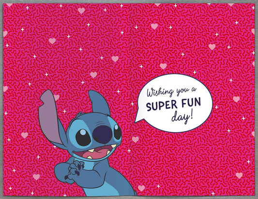Disney Stitch birthday greetings card for girls featuring luxury foil design and colorful Stitch illustration.