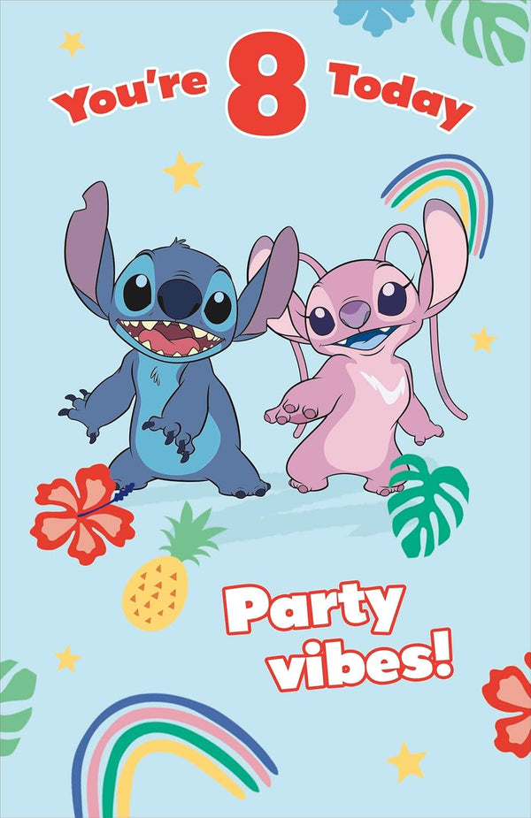 Disney Stitch girl birthday card featuring colorful illustrations for an 8th birthday, ideal for kids' celebration greetings.
