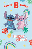 Disney Stitch girl birthday card featuring colorful illustrations for an 8th birthday, ideal for kids' celebration greetings.