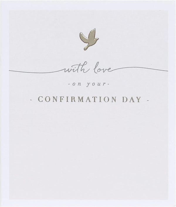 Elegant beige dove confirmation card for boys and girls, featuring a delicate dove design, from UK Greetings.