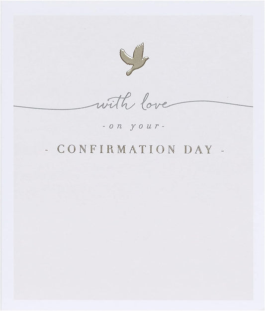 Elegant beige dove confirmation card for boys and girls, featuring a delicate dove design, from UK Greetings.