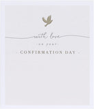 Elegant beige dove confirmation card for boys and girls, featuring a delicate dove design, from UK Greetings.