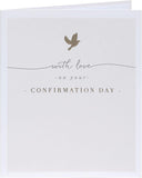 Elegant beige dove confirmation card for boys and girls, featuring religious symbols and a delicate design by UK Greetings.