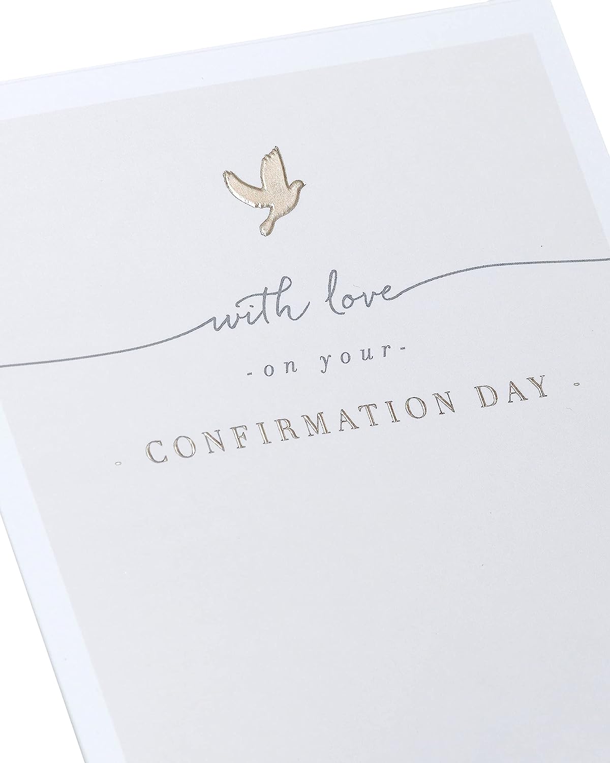 Elegant beige dove confirmation card for boys and girls, featuring a delicate dove design and religious symbols, by UK Greetings.
