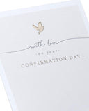 Elegant beige dove confirmation card for boys and girls, featuring a delicate dove design and religious symbols, by UK Greetings.